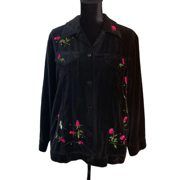 Quacker Factory Medium Rhinestone Rose Embroidered Black Velvet Shacket Top VTG - Picture 1 of 11